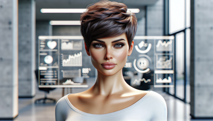 Short hair styles for women: A woman with a chic pixie cut, short sides, longer top layers, enhancing her features, in an urban setting.