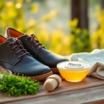 A pair of dark leather shoes, perfect for maintenance routines, sits on a wooden surface with shoe polish labeled "Xero," a cloth, a brush, and fresh green herbs. In the background, a blurred view of greenery adds to the serene setting.