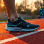 At sunrise on the track, a person wearing high-tech running shoes with digital indicators stands poised. Nearby, "CES 2025" glows on a distant screen. These could be Xero Shoes designed for enhanced sensation, offering an edge even to those battling neuropathy.