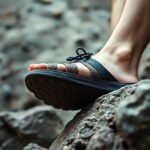 Close-up of a foot wearing black sandals on a rocky surface. The sandals have straps and are designed for outdoor use. The blurred background highlights the rocky terrain.
