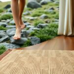 Bare feet stepping from a smooth wooden floor onto a grassy, rocky outdoor area. A textured carpet lies on the floor, and large rocks are visible in the background, suggesting a transition from indoors to nature.