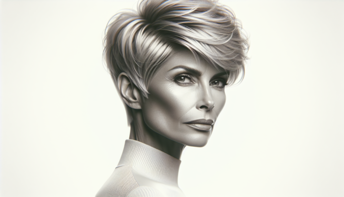 Elegant woman over 60 with a classic pixie cut, styled effortlessly chic and sophisticated.