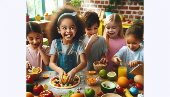 Children experimenting in the kitchen, adding unique ingredients to dishes, showcasing culinary creativity.