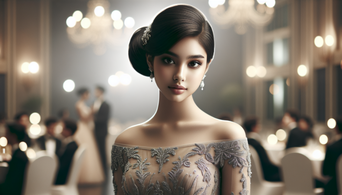 Young woman in an elegant chignon hairstyle and chic evening gown at a softly lit prom ballroom.
