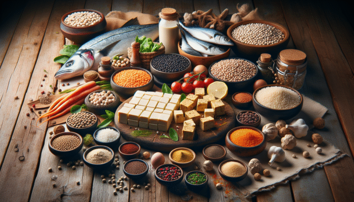 A vibrant display of tofu, lentils, quinoa, and fish on a rustic table with garnishes and spices.
