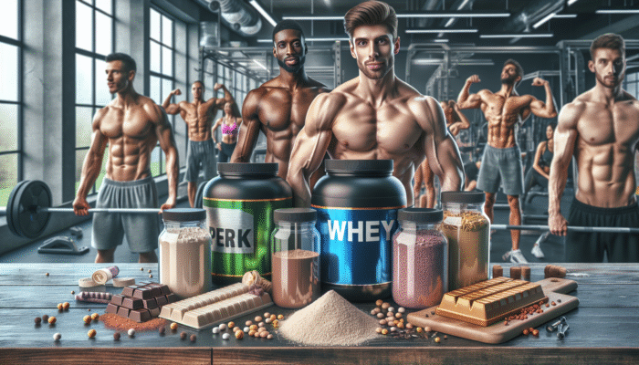 A table showcasing various protein supplements like whey, plant-based powders, and bars, with a gym background.