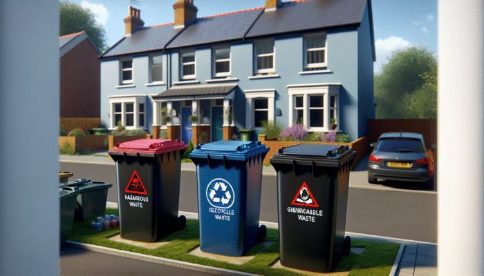 UK house clearance in action, featuring labeled bins for hazardous, recyclable, and general waste in a suburban home.