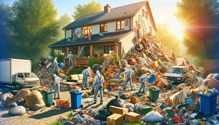 Professionals in uniforms efficiently clearing general waste from a cluttered suburban home using labeled bins during daylight hours.