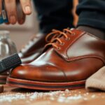 A person is diligently polishing brown leather shoes with a brush and a "GOLD" spray can, aiming to prevent mold. Nearby, a cloth lies on the wooden surface dotted with salt granules. The individual sports dark pants and gray socks as they work.