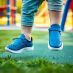 A child wearing blue shoes and light blue pants jumps on a playground with green turf and grass. Playground equipment is blurred in the background, featuring red, yellow, and blue structures.