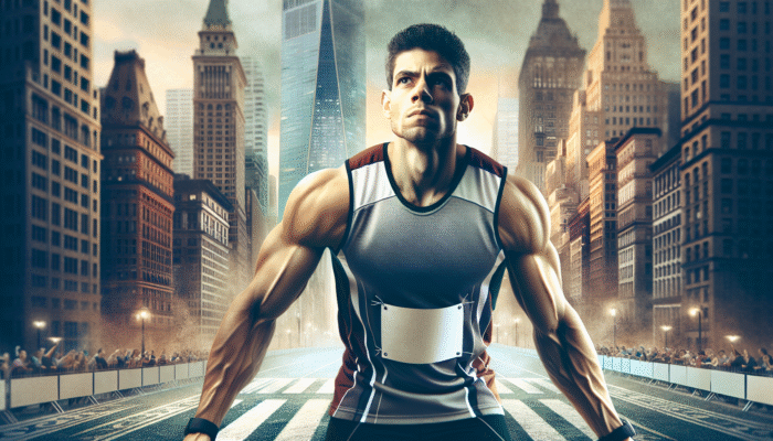 Athlete at starting line, heart racing, visualizing finish in NYC marathon, skyline backdrop.