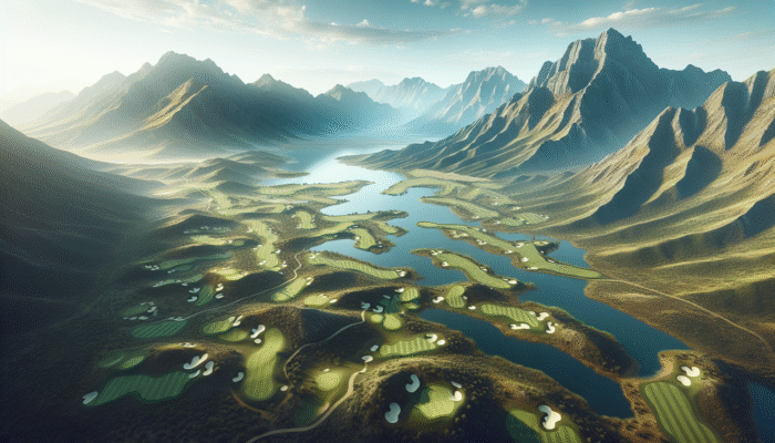 Aerial view of George Golf Club showcasing diverse holes, scenic par threes, and challenging par fives, all set against the stunning Outeniqua Mountains.