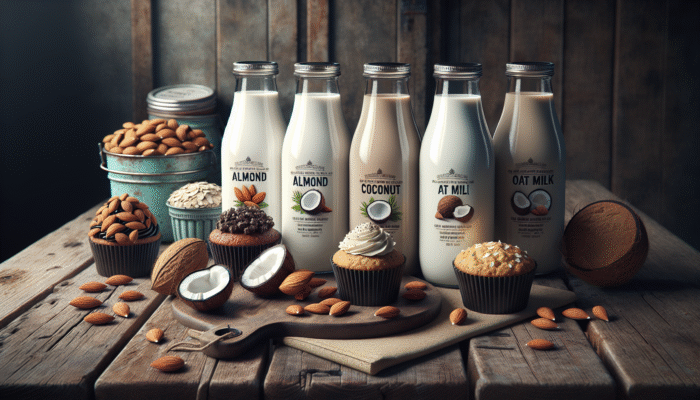 Bottles of almond, coconut, and oat milk on a wooden table with desserts showcasing their flavors.
