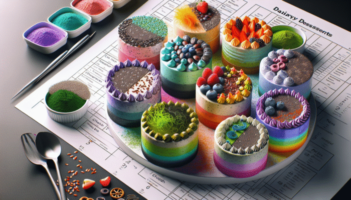 Colorful dairy-free desserts featuring chia seeds, flaxseeds, and spirulina, showcasing texture and health benefits.