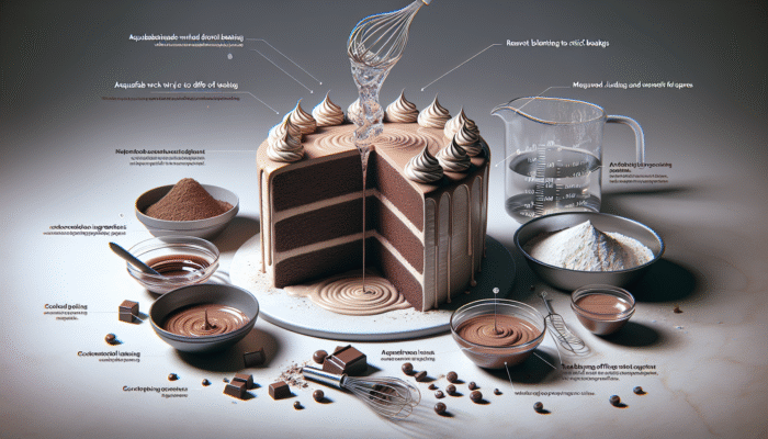 Vegan chocolate cake featuring aquafaba, gently mixed to prevent overmixing, achieving airy texture and harmonious flavors.