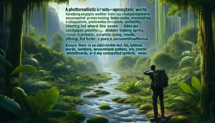 Person in a collapsed society observing a fast-flowing stream in the forest, following animal trails to find an underground spring.
