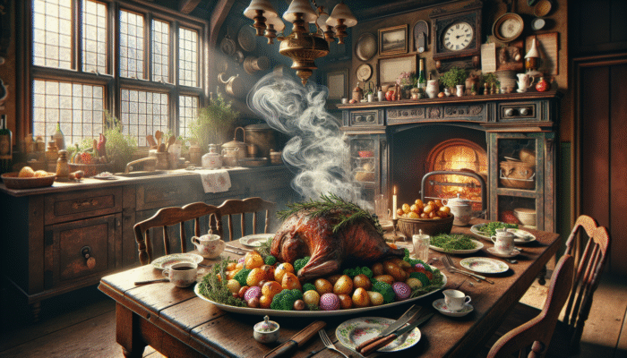 Pairing Herbs with Spices: A succulent lamb roast seasoned with rosemary and thyme, surrounded by roasted potatoes and vegetables on a rustic British kitchen table.