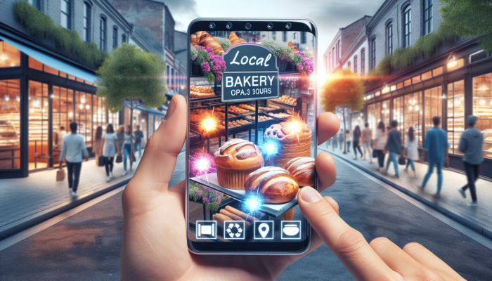 A local bakery's Google My Business profile on a smartphone, showcasing pastries, hours, and reviews, on a vibrant street.