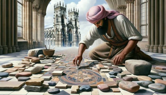 A historic UK stonemason diligently crafting intricate stone tiles with local Scottish Borders stones, showcasing a diverse palette of colors and textures, set against the backdrop of York Minster, merging traditional craftsmanship with modern curved tiling techniques.