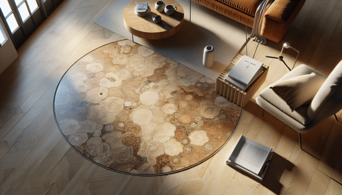 Close-up of travertine flooring showcasing warm, earthy tones and intricate textures within a modern living room.