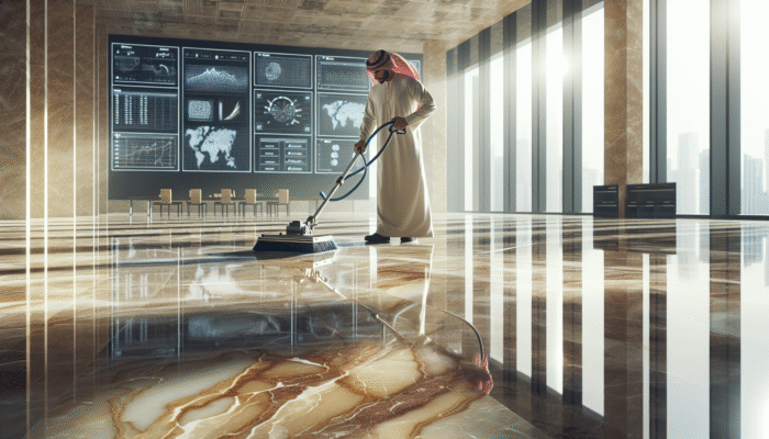 A person diligently cleaning a travertine floor with specialized tools in a sunlit room, showcasing the stone's intricate veining.