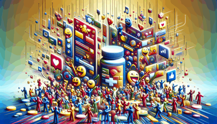 Utilizing Humor in Supplement Social Media Campaigns: A vibrant social media interface showcasing humorous supplement brand posts, increasing user engagement and shares across diverse demographics.