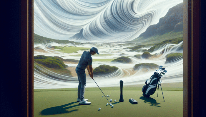 Golfer practicing clubface control on South African coast with impact bag amid winds.