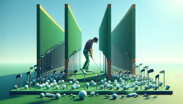Golfer practicing swing path on green course using gates made from towels and clubs under a clear blue sky.