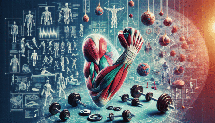 An anatomical illustration showcasing muscle tears, inflammation, and swelling alongside exercise equipment and biomechanics diagrams.