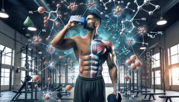 A muscular athlete consuming a protein shake in a gym, surrounded by amino acids and regenerating muscle tissues.