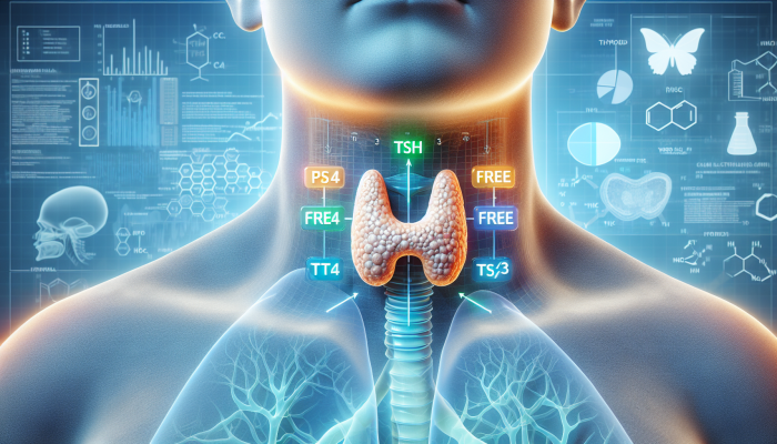 Thyroid Blood Test in Rickmansworth: Illustration of thyroid gland with arrows indicating TSH, Free T4, and Free T3 hormones, clinical setting in Rickmansworth.