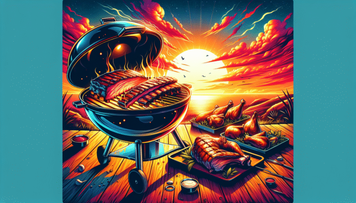 Juicy spare ribs, tender baby back ribs, and succulent brisket on a BBQ grill under a summer sunset.
