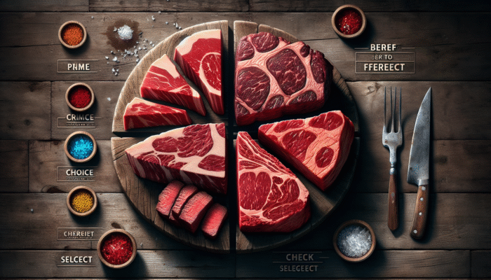 Close-up of USDA graded beef cuts - Prime, Choice, Select, on a rustic wooden table, showing marbling differences.