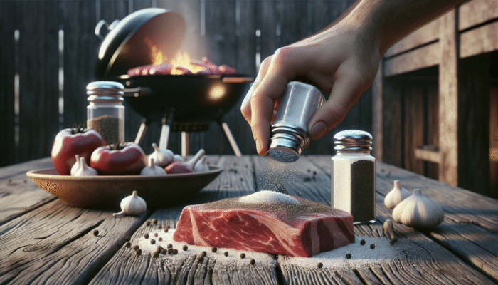 Hand seasoning large meat cut with kosher salt and fresh black pepper on rustic table, BBQ grill background.