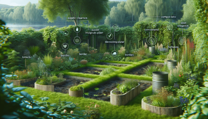 A serene garden featuring compost bins, native plants, and wildlife habitats that promote sustainability and biodiversity.