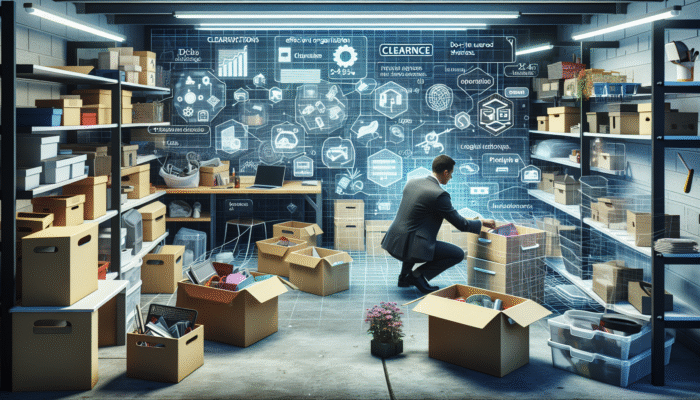 A person organizing a cluttered garage with labeled bins, boxes, and organized shelves, demonstrating DIY clearance strategies.