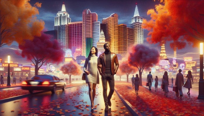 A couple on a romantic walk along the Las Vegas Strip at sunset, with autumn colors and city lights.