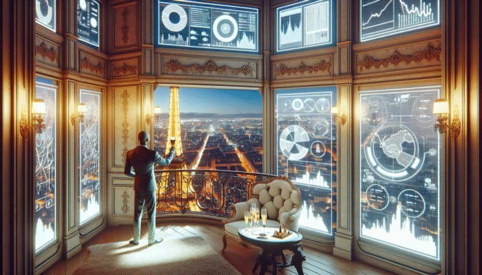 Luxurious Eiffel Tower suite at Paris Las Vegas with private balcony, city lights, and champagne.
