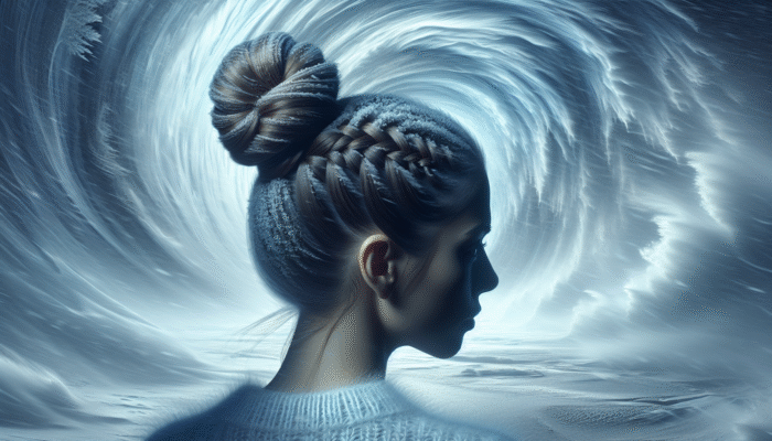 Woman showcasing a braided bun hairstyle, protected from cold winds.