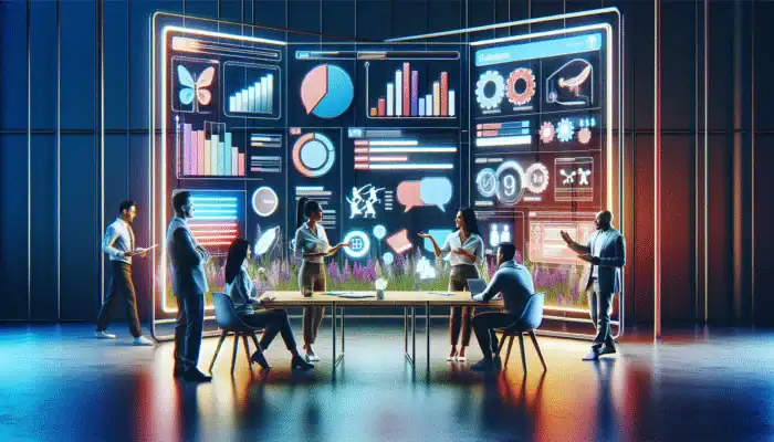 Use Content Audits to Improve Rankings: A team collaborates around a screen showing website content metrics and audit checklists.
