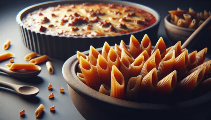 Penne pasta served with chunky marinara sauce and baked penne al forno topped with melted cheese and meat.