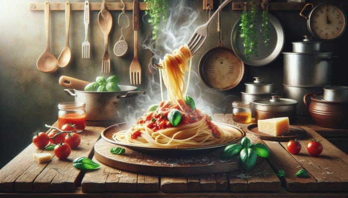 A steaming plate of spaghetti topped with marinara sauce, fresh basil, and grated parmesan, presented in a rustic Italian kitchen.