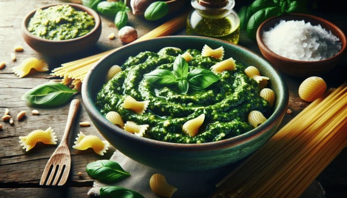 Freshly made pesto sauce garnished with basil, pine nuts, and Parmesan over trofie and gnocchi displayed on a rustic Italian table.