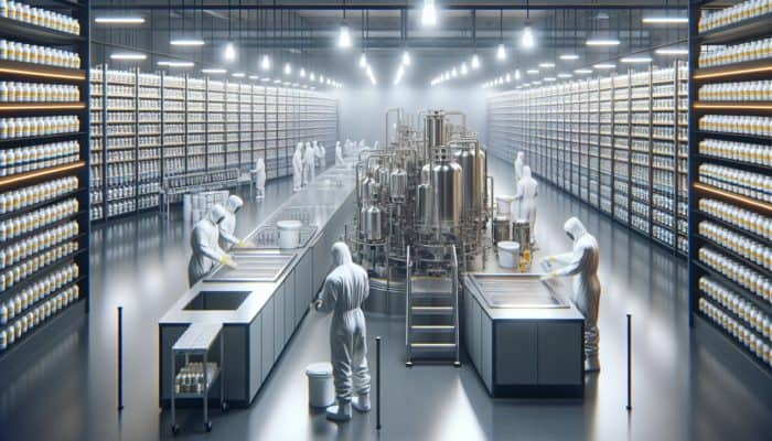 Workers in protective suits cleaning high-tech equipment in a modern supplement factory with well-organized storage.