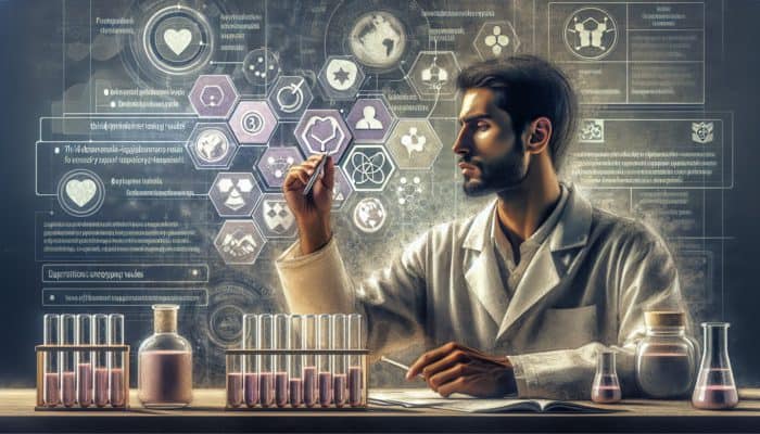 A scientist analyzing a supplement brand's history, values, and transparency using digital tools.