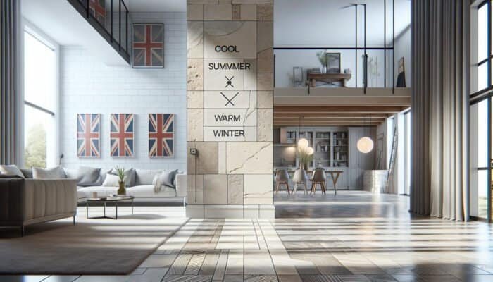 Luxurious interior of a UK home showcasing durable travertine tiles that provide thermal comfort and timeless elegance.