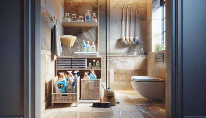 UK bathroom showcasing travertine tiles and appropriate cleaning supplies for natural stone maintenance.