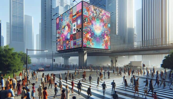 A digital billboard in an urban setting showcasing ads tailored for a diverse and engaged audience.
