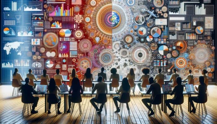 A diverse group of individuals interacting with ads tailored to their demographic and psychographic profiles in a lively environment.