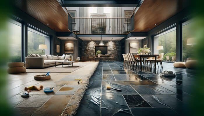 Slate floor in a bustling home, displaying dullness and stains, with a polished section gleaming brightly.